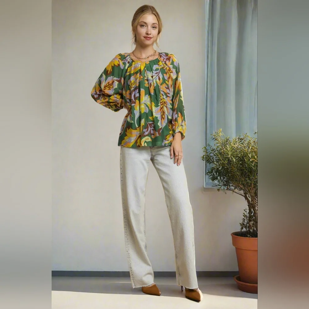 Umgee Retro Abstract Shirt Pleated 70s Round Neck Top Long Balloon Sleeve Blouse - Picture 3 of 16